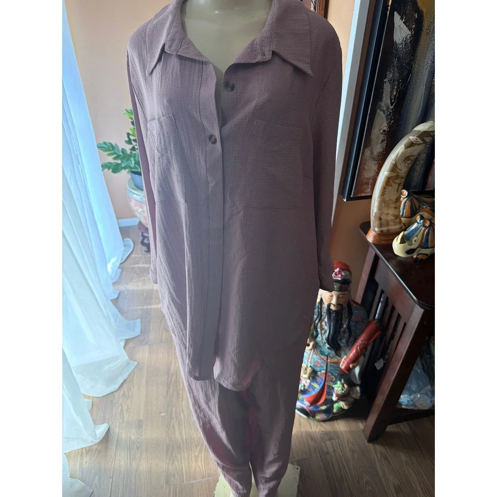 Mauve Textured Two Piece Lounge Set Button Down Shirt and Drawstring Pants